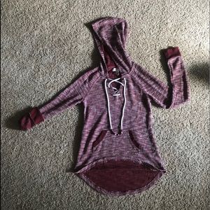 netted maroon, tie front sweater